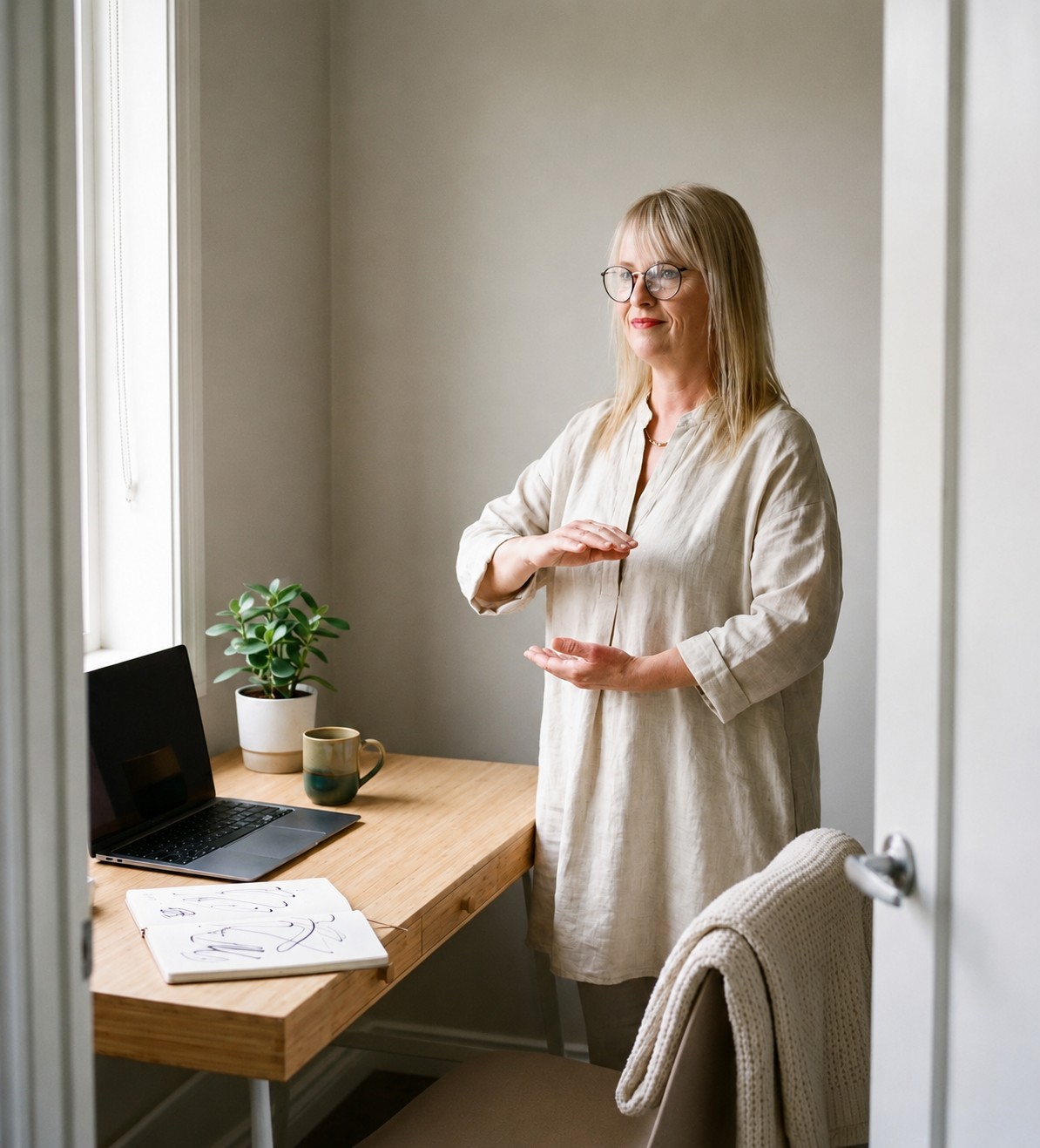 Hélène montre une posture simple de Qi Gong près du bureau